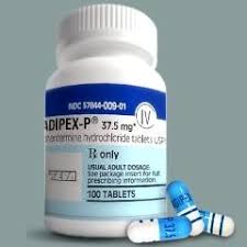 Hvide Adipex-P 37.5 mg tabletter med blå prikker